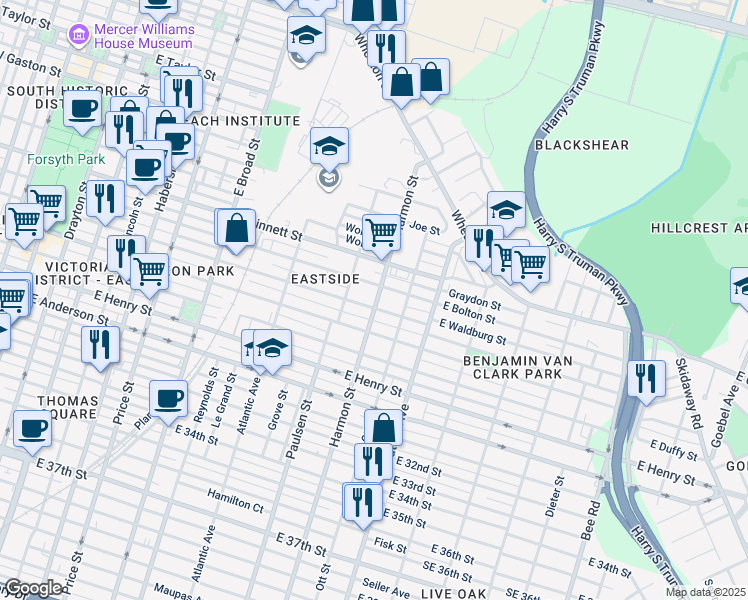 map of restaurants, bars, coffee shops, grocery stores, and more near 909 East Bolton Street in Savannah