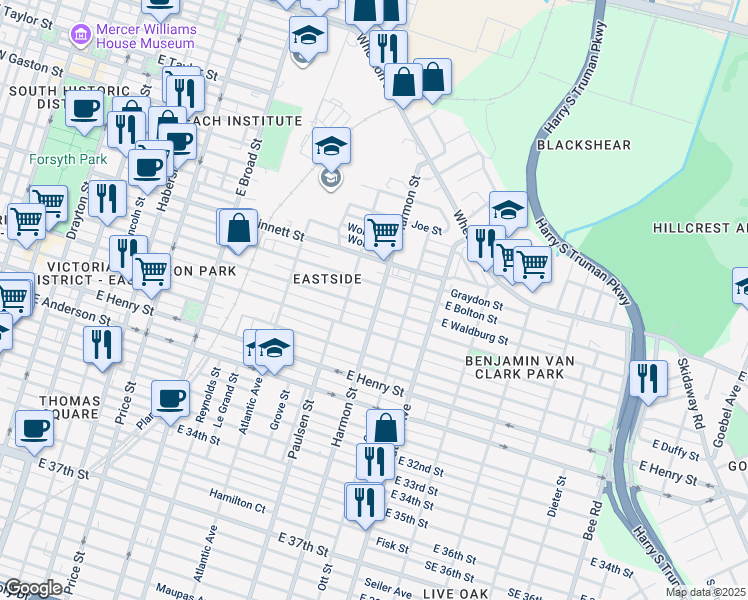 map of restaurants, bars, coffee shops, grocery stores, and more near 909 East Bolton Street in Savannah