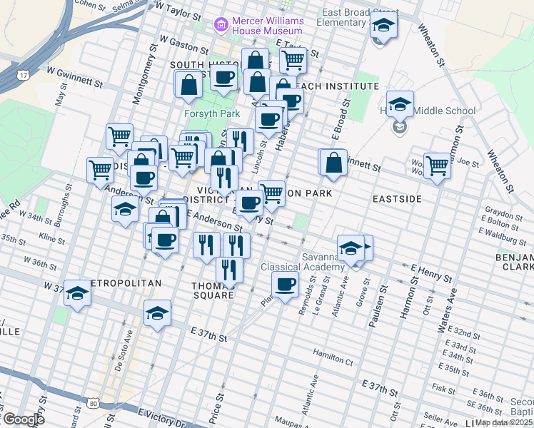 map of restaurants, bars, coffee shops, grocery stores, and more near 405 East Duffy Street in Savannah