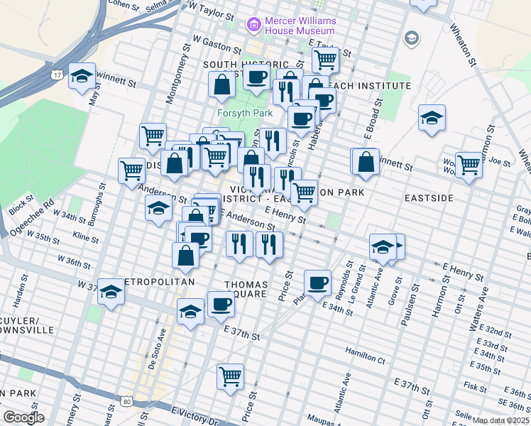 map of restaurants, bars, coffee shops, grocery stores, and more near 228 East Henry Street in Savannah