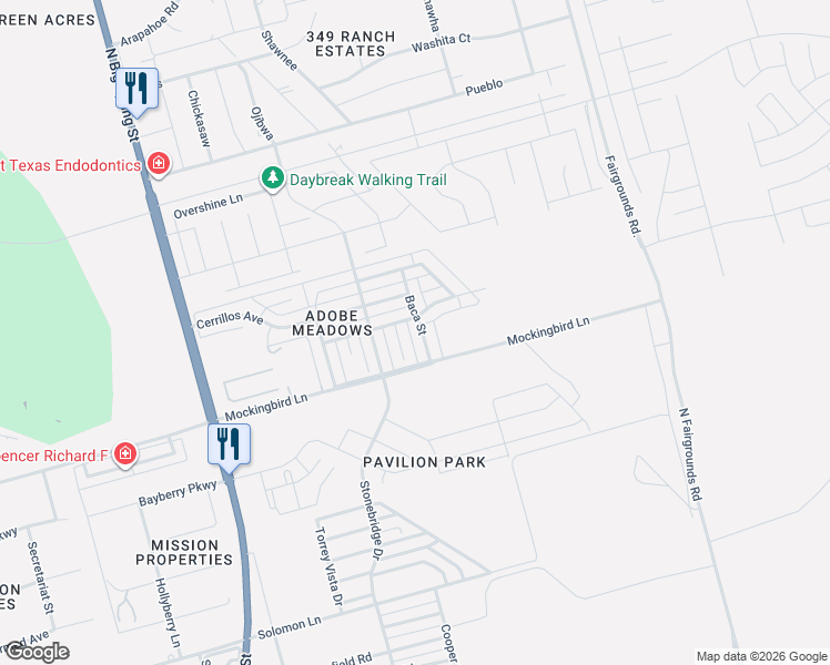 map of restaurants, bars, coffee shops, grocery stores, and more near 5615 Baca Street in Midland