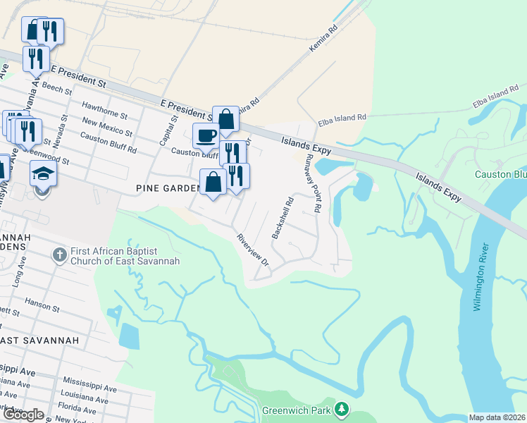 map of restaurants, bars, coffee shops, grocery stores, and more near 323 Bunting Drive in Savannah