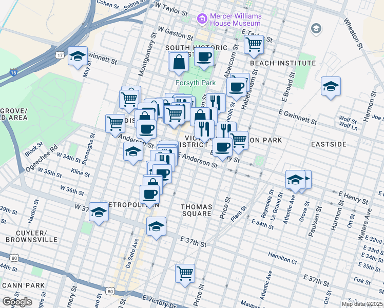 map of restaurants, bars, coffee shops, grocery stores, and more near 110 East Anderson Street in Savannah