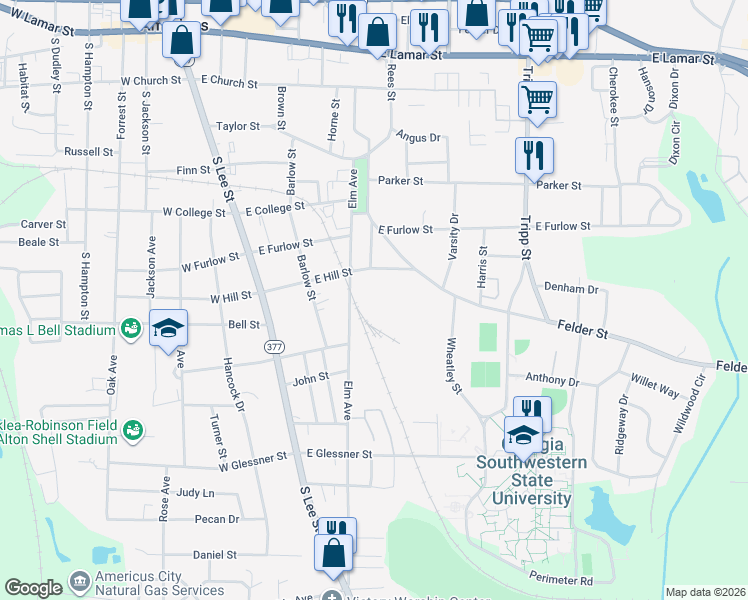 map of restaurants, bars, coffee shops, grocery stores, and more near 800 Elm Avenue in Americus