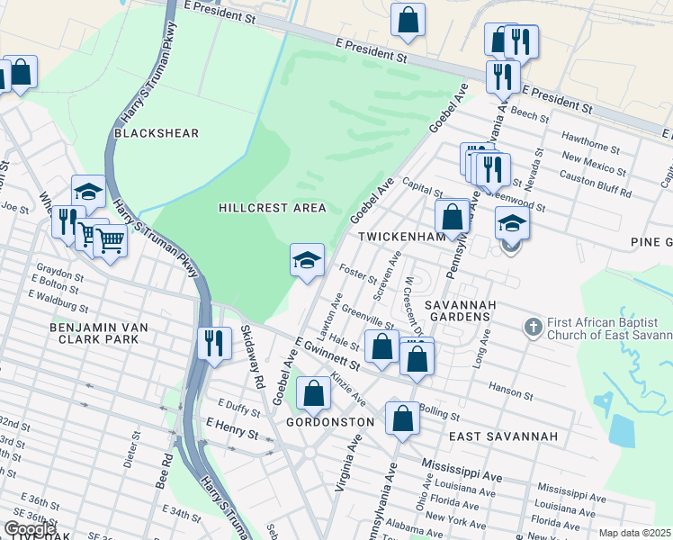 map of restaurants, bars, coffee shops, grocery stores, and more near 404 Goebel Avenue in Savannah