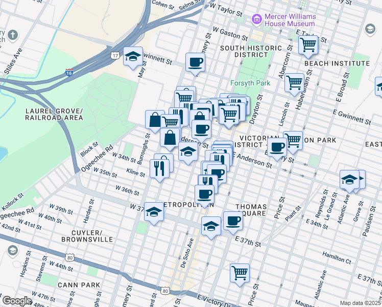 map of restaurants, bars, coffee shops, grocery stores, and more near 1414 Barnard Street in Savannah