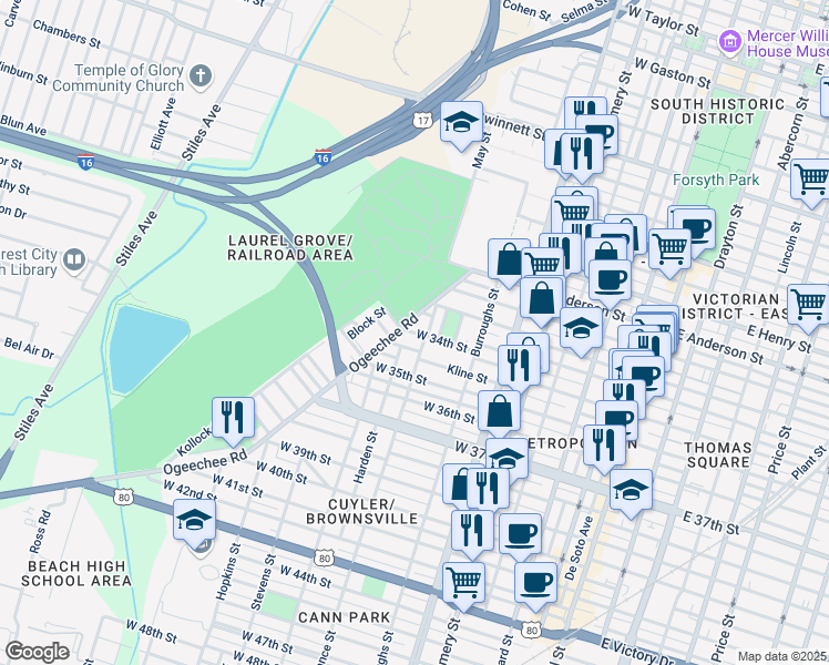map of restaurants, bars, coffee shops, grocery stores, and more near 1638 Ogeechee Road in Savannah