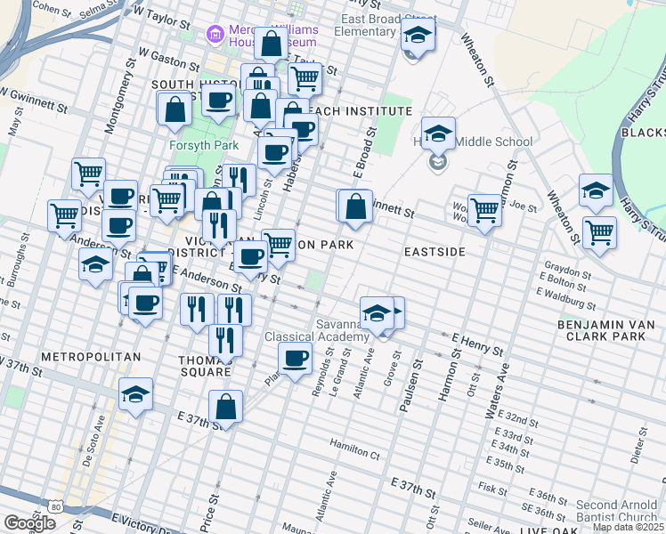 map of restaurants, bars, coffee shops, grocery stores, and more near 1114 East Broad Street in Savannah