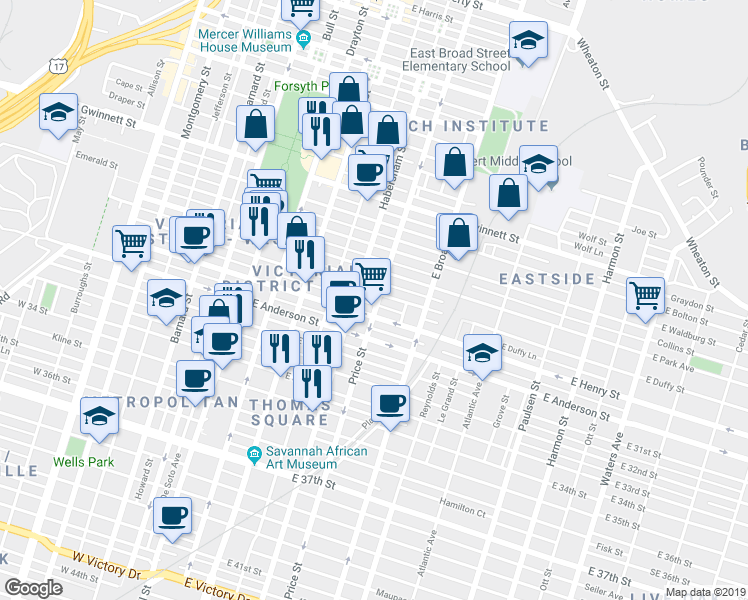 map of restaurants, bars, coffee shops, grocery stores, and more near 1207 Price Street in Savannah