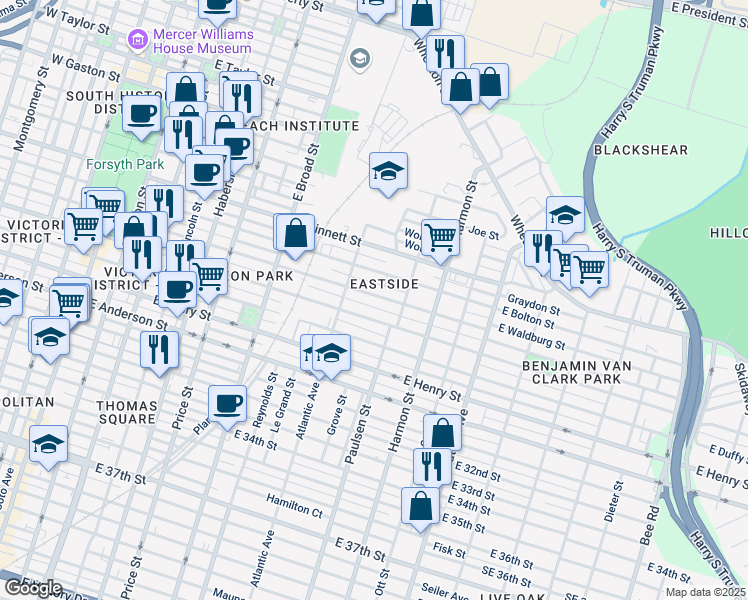 map of restaurants, bars, coffee shops, grocery stores, and more near 755 East Waldburg Street in Savannah