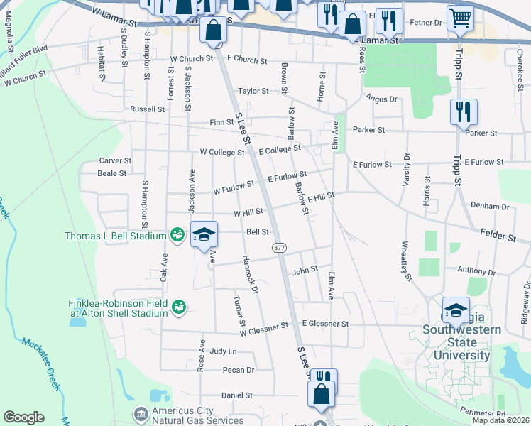 map of restaurants, bars, coffee shops, grocery stores, and more near 108 West Hill Street in Americus