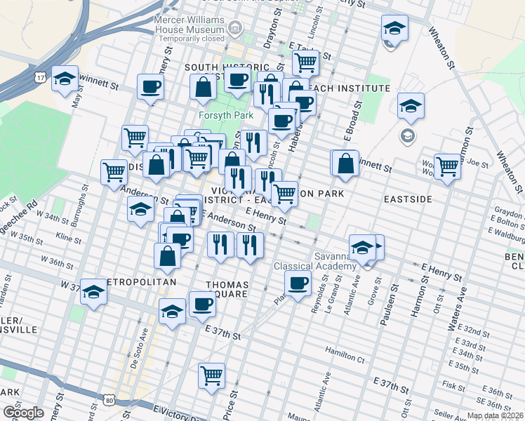 map of restaurants, bars, coffee shops, grocery stores, and more near 310 East Henry Street in Savannah