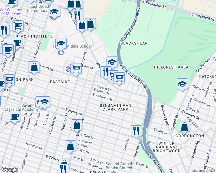 map of restaurants, bars, coffee shops, grocery stores, and more near 806 Live Oak Street in Savannah