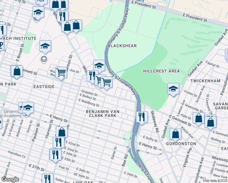 map of restaurants, bars, coffee shops, grocery stores, and more near 17 Adair Street in Savannah