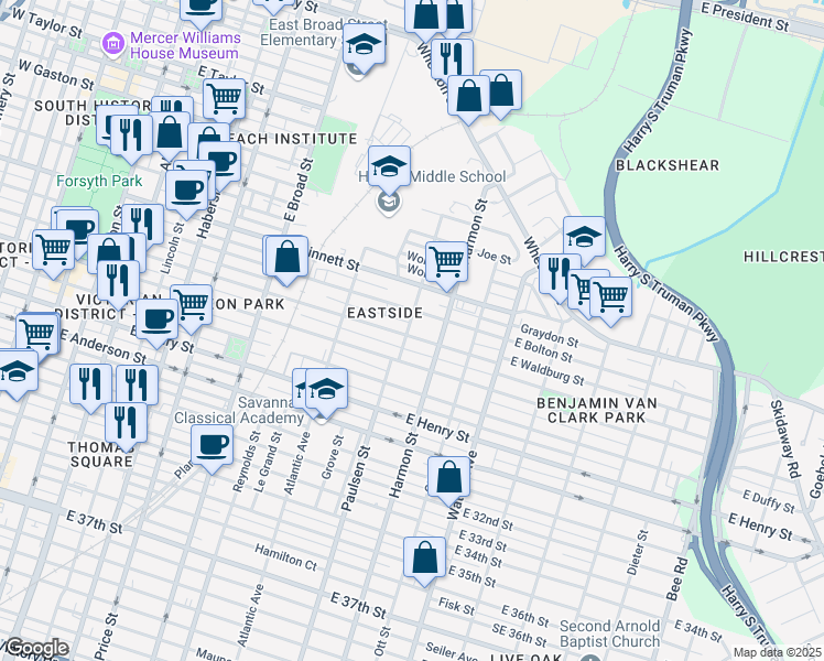 map of restaurants, bars, coffee shops, grocery stores, and more near 802 East Waldburg Street in Savannah