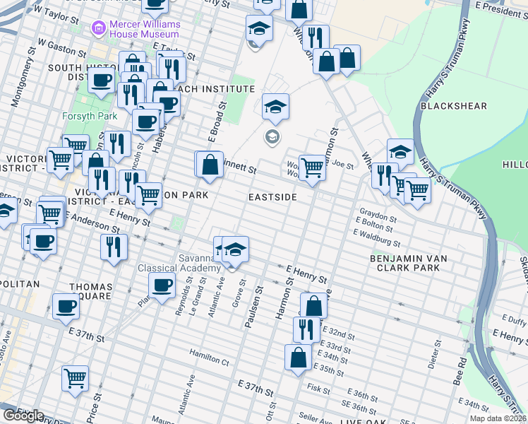 map of restaurants, bars, coffee shops, grocery stores, and more near 755 East Waldburg Street in Savannah