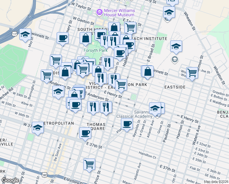 map of restaurants, bars, coffee shops, grocery stores, and more near 405 East Duffy Street in Savannah
