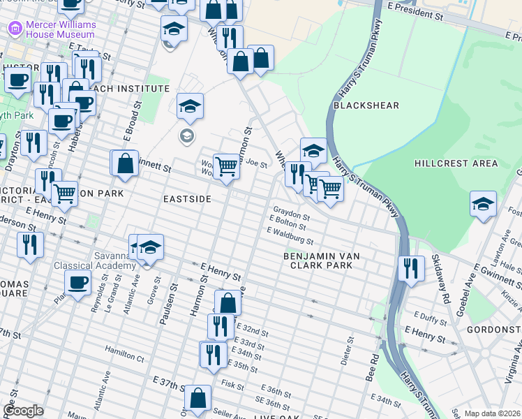 map of restaurants, bars, coffee shops, grocery stores, and more near 1010 East Bolton Street in Savannah