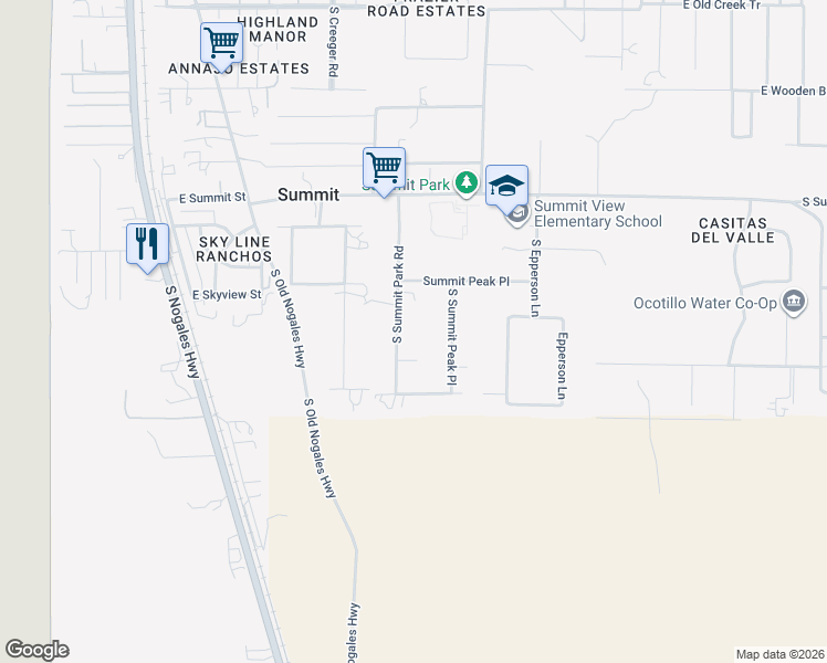 map of restaurants, bars, coffee shops, grocery stores, and more near 10347 South Summit Park Road in Tucson