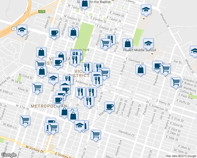 map of restaurants, bars, coffee shops, grocery stores, and more near 405 East Duffy Street in Savannah