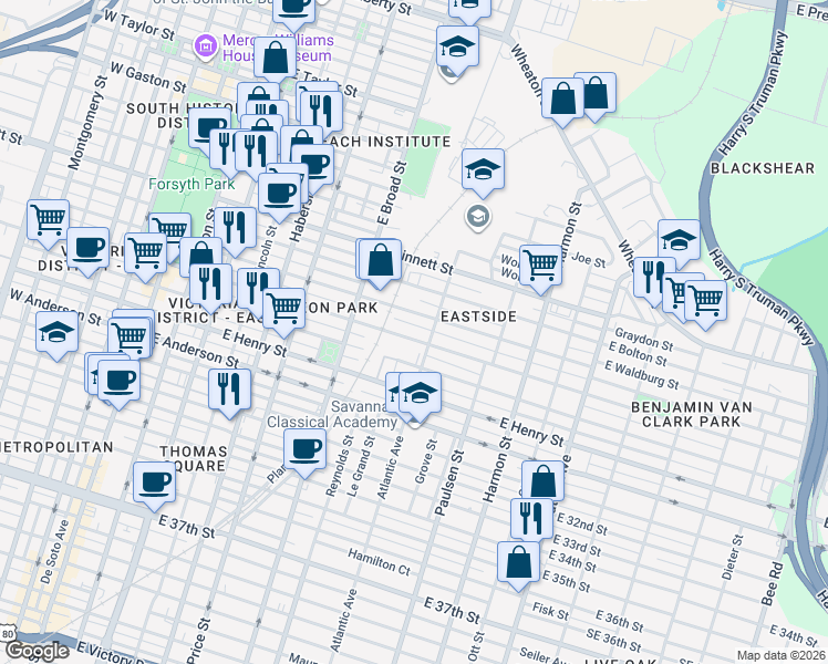 map of restaurants, bars, coffee shops, grocery stores, and more near 634 East Park Avenue in Savannah