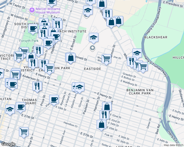 map of restaurants, bars, coffee shops, grocery stores, and more near 755 East Waldburg Street in Savannah