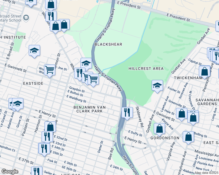 map of restaurants, bars, coffee shops, grocery stores, and more near 23 Mastick Street in Savannah