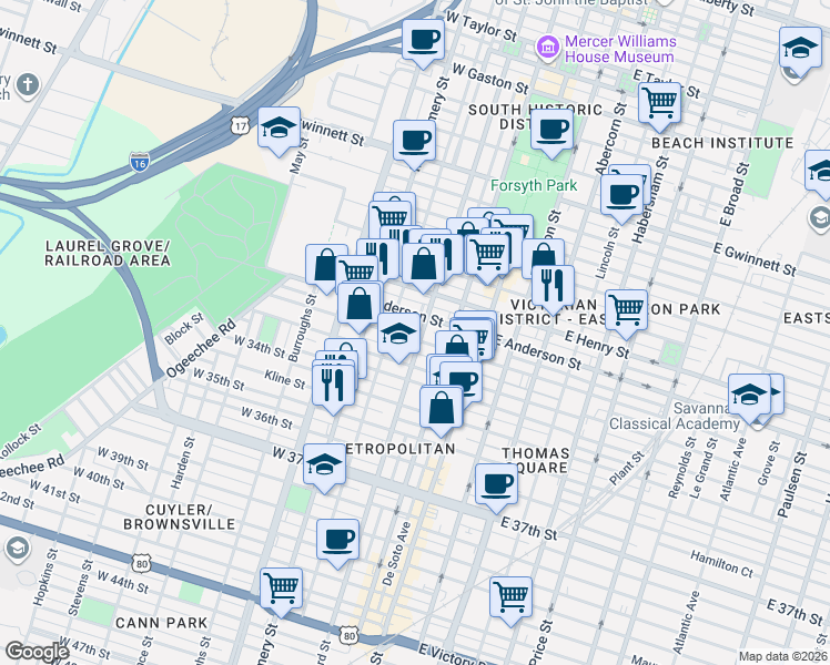 map of restaurants, bars, coffee shops, grocery stores, and more near 1414 Barnard Street in Savannah