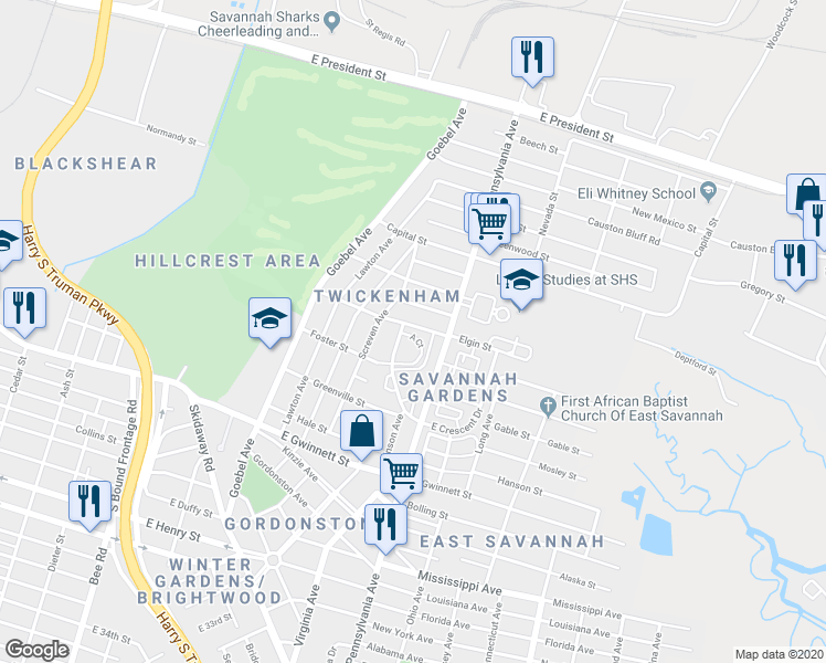 map of restaurants, bars, coffee shops, grocery stores, and more near 2121 Elgin Street in Savannah