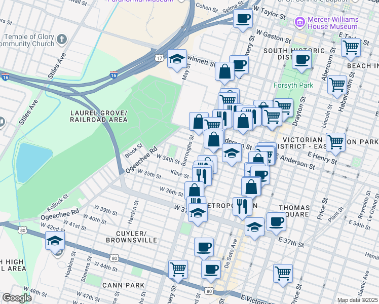map of restaurants, bars, coffee shops, grocery stores, and more near 1602 Burroughs Street in Savannah