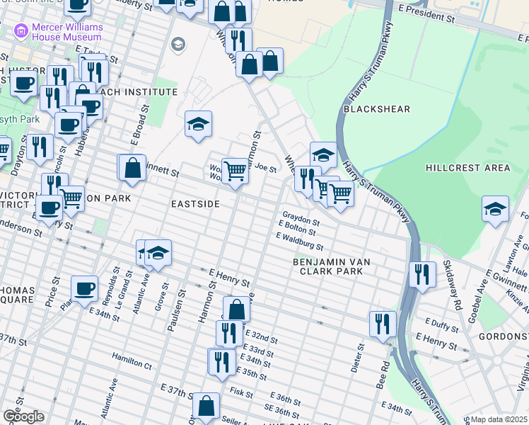 map of restaurants, bars, coffee shops, grocery stores, and more near 1010 East Bolton Street in Savannah