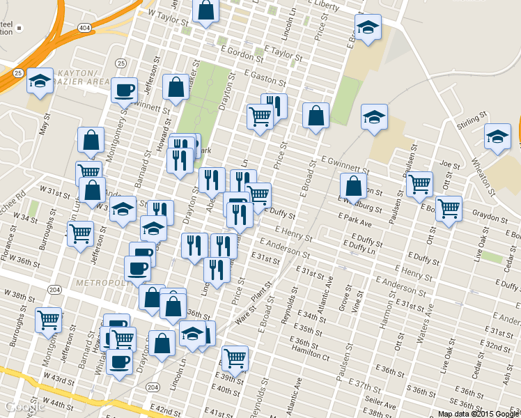 map of restaurants, bars, coffee shops, grocery stores, and more near 405 East Duffy Street in Savannah