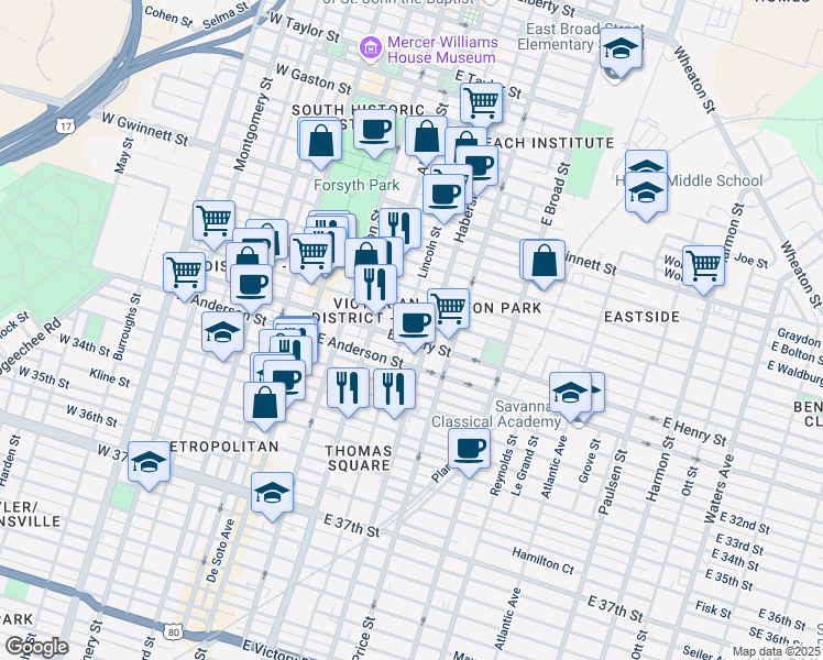 map of restaurants, bars, coffee shops, grocery stores, and more near 228 East Henry Street in Savannah