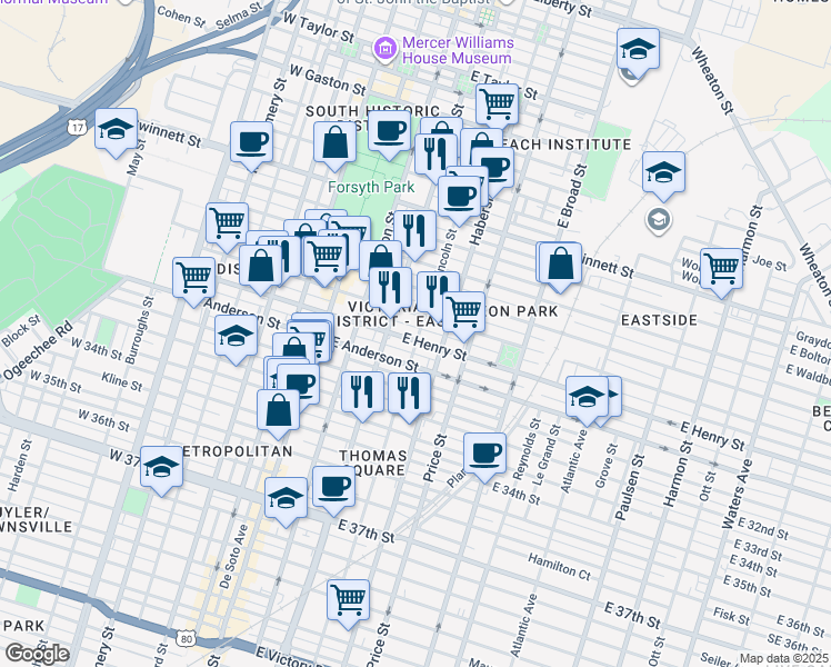 map of restaurants, bars, coffee shops, grocery stores, and more near 228 East Henry Street in Savannah