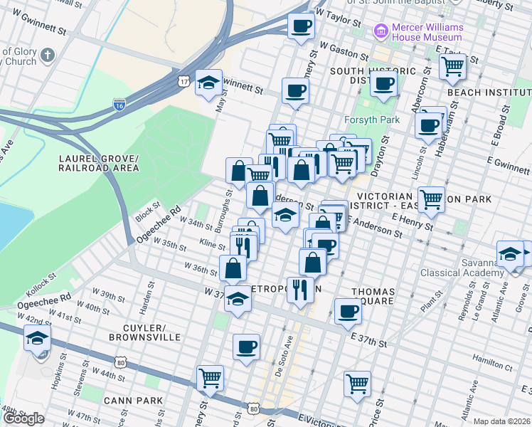 map of restaurants, bars, coffee shops, grocery stores, and more near in Savannah