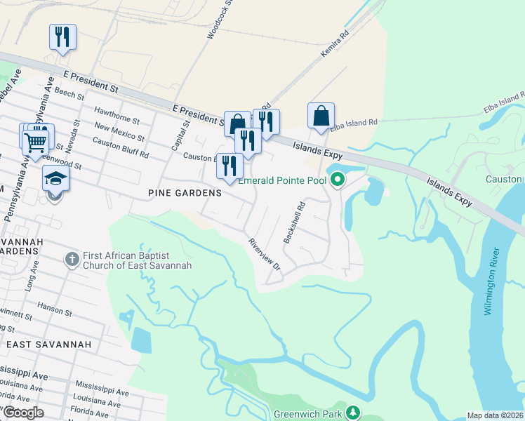 map of restaurants, bars, coffee shops, grocery stores, and more near 326 Riverview Drive in Savannah