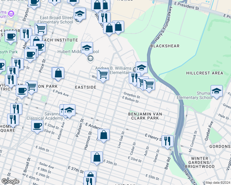 map of restaurants, bars, coffee shops, grocery stores, and more near 1010 East Bolton Street in Savannah