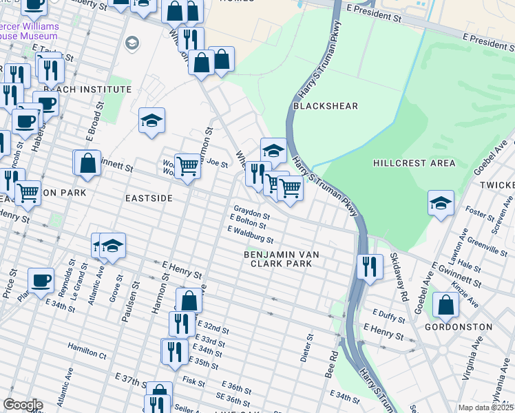map of restaurants, bars, coffee shops, grocery stores, and more near 806 Live Oak Street in Savannah
