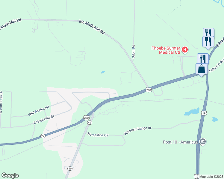 map of restaurants, bars, coffee shops, grocery stores, and more near 199 Jenkins Road in Americus