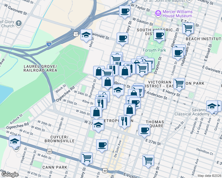 map of restaurants, bars, coffee shops, grocery stores, and more near in Savannah