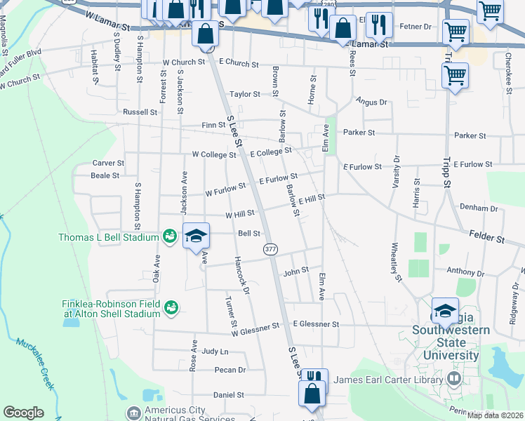map of restaurants, bars, coffee shops, grocery stores, and more near 123 East Hill Street in Americus