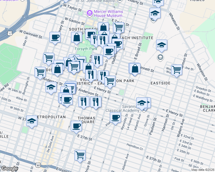 map of restaurants, bars, coffee shops, grocery stores, and more near 405 East Duffy Street in Savannah