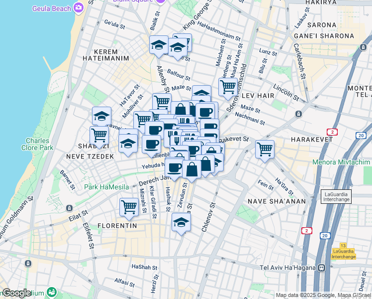 map of restaurants, bars, coffee shops, grocery stores, and more near 50 Lilienblum Street in Tel Aviv-Yafo
