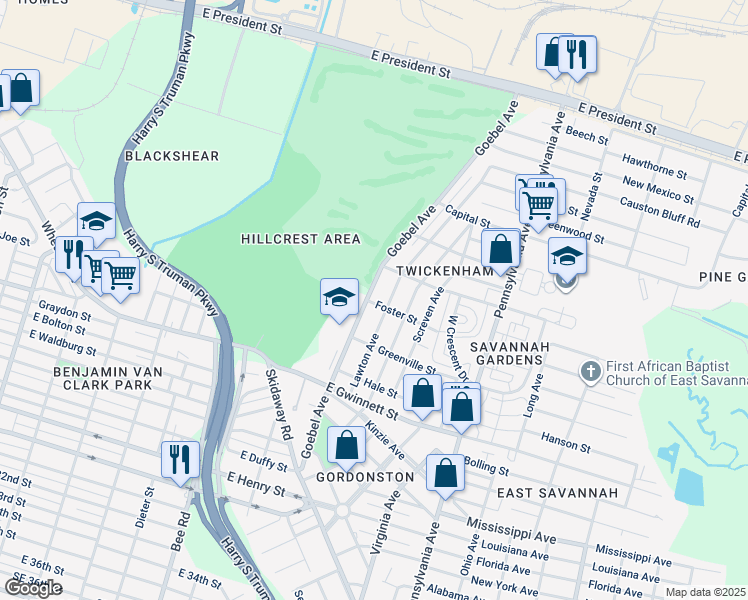 map of restaurants, bars, coffee shops, grocery stores, and more near 404 Goebel Avenue in Savannah