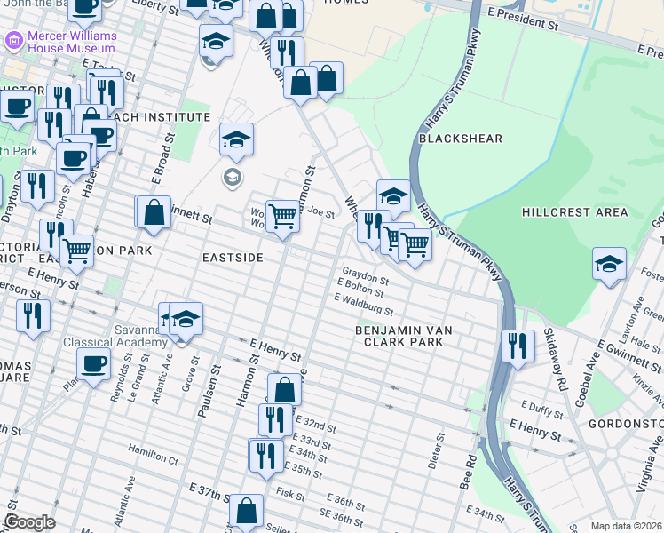map of restaurants, bars, coffee shops, grocery stores, and more near 1010 East Bolton Street in Savannah