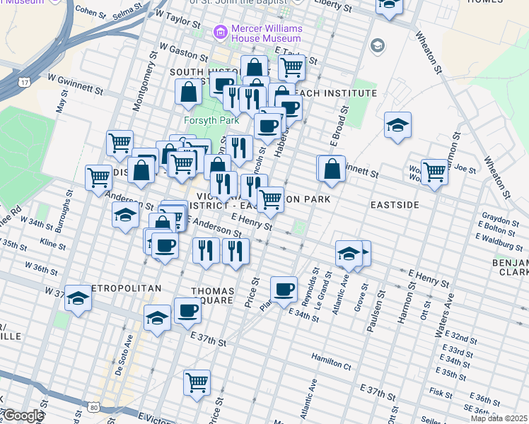 map of restaurants, bars, coffee shops, grocery stores, and more near 405 East Duffy Street in Savannah