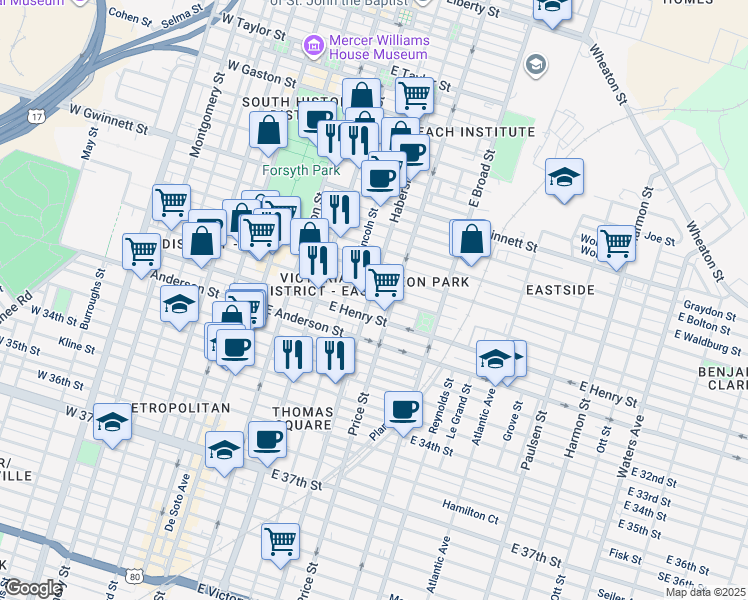map of restaurants, bars, coffee shops, grocery stores, and more near 405 East Duffy Street in Savannah