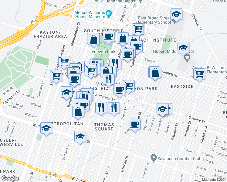 map of restaurants, bars, coffee shops, grocery stores, and more near 228 East Henry Street in Savannah