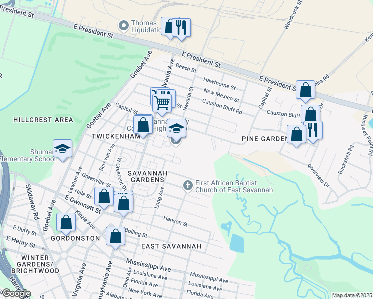 map of restaurants, bars, coffee shops, grocery stores, and more near 400 Pennsylvania Avenue in Savannah