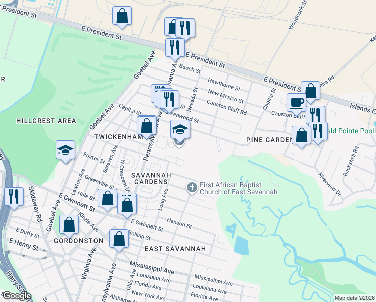 map of restaurants, bars, coffee shops, grocery stores, and more near 400 Pennsylvania Avenue in Savannah